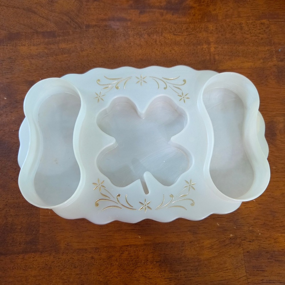 Vintage 1960s White Plastic Shamrock Clover Trinket Vanity Tray Gold Accents 8X5